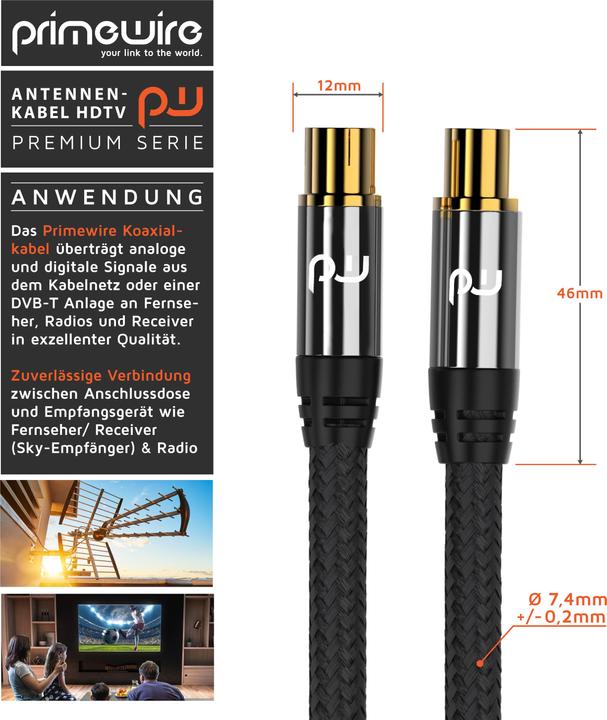Actual product image Primewire HDTV antenna cable with braiding, premium coaxial cable 75 Ohm / 135 dB, TV cable, 4K HDTV, DVB-T (135 dB, Antenna cable)
