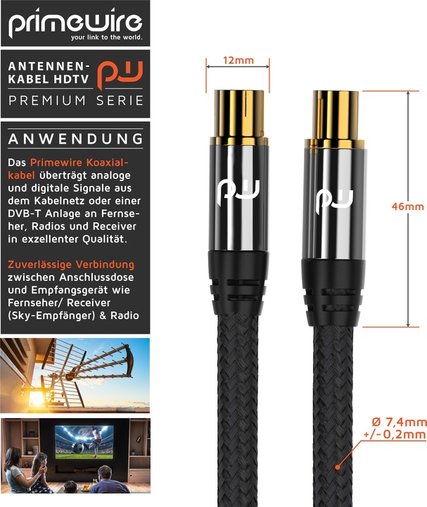 Image du produit Primewire Câble d'antenne HDTV avec braiding, Câble coaxial Premium 75 Ohm / 135 dB, Câble TV, 4K HDTV, DVB-T (135 dB, Câble d'antenne)