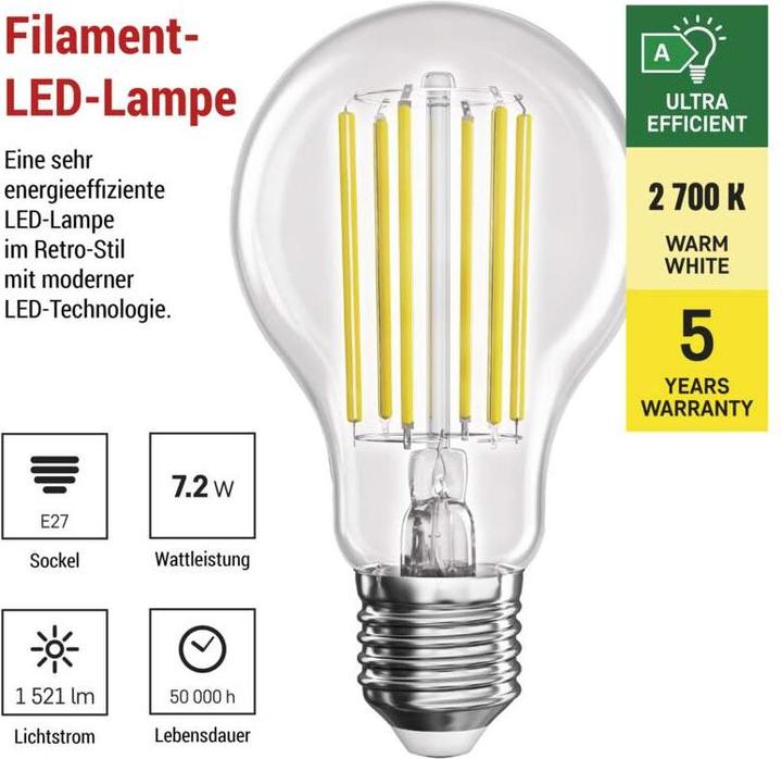 Produktbild Emos LED Lampe Filament (E27, 7.20 W, 1521 lm, 1 x, A)