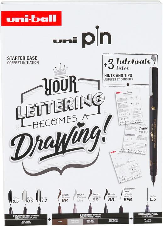 Actual product image Uni-ball PIN writing instruments, LETTERING Edition, case of 9 includes: 3 PIN fineliners, 5 PIN brush tips (Multicolor, 9 x)
