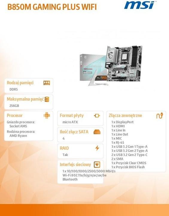 Produktbild MSI B850M GAMING PLUS WIFI (AMD B850, Micro ATX (mATX))