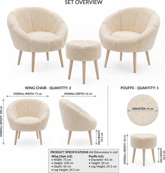 Actual product image Atelier del Sofa Lida Wellsoft Wing Chair & Pouffe Set (3 Pieces)