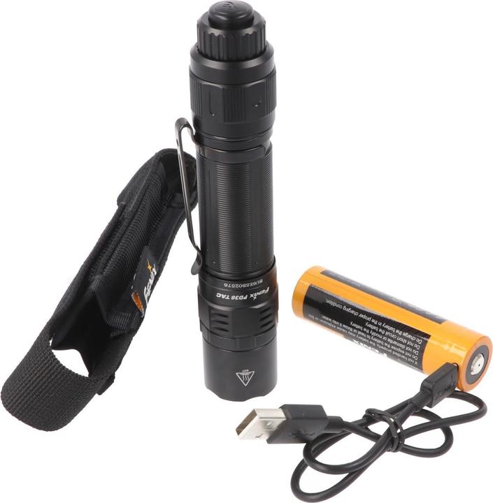 Actual product image Fenix PD36 TAC LED torch, with one-hand rotary switch, including rechargeable battery
