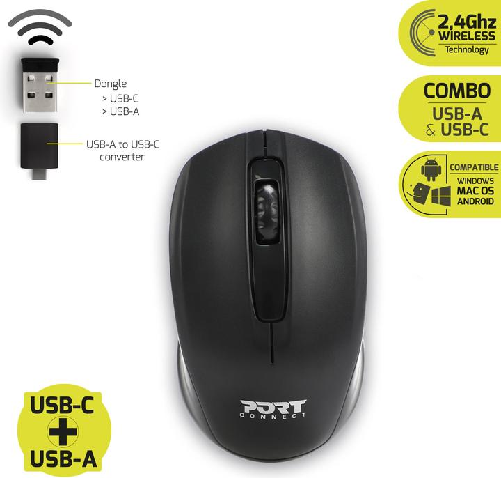 Actual product image Port Designs 900508 Mouse Ambidextrous RF Wireless+USB Type-C 1000 DPI (Wireless)