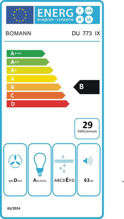 Energy Label Bomann DU 773 IX Overhead free-standing hood LED (Wall hood)