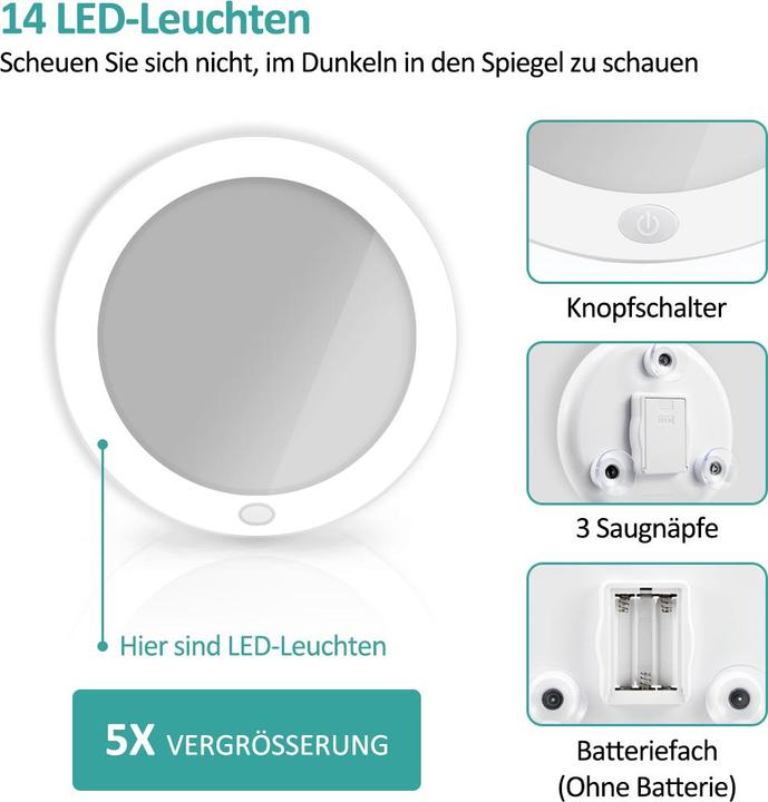 Produktbild Emke Kosmetikspiegel mit beleuchtung 5X Vergrösserung, Saugnapf, Batteriebetrieben, 165mm