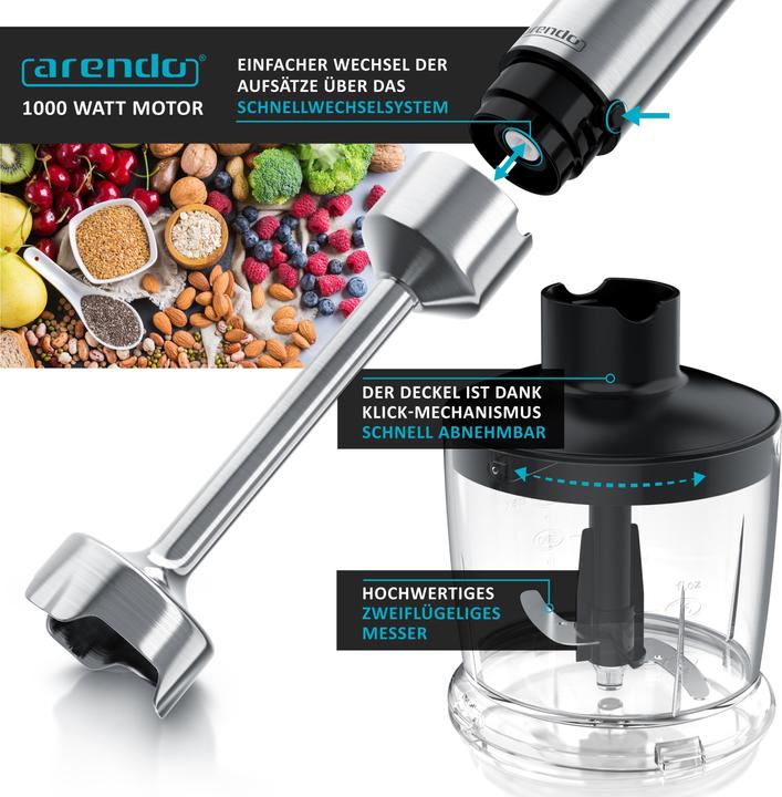 Produktbild Arendo Stabmixer mit Messbecher, 1000W, Edelstahl, vierflügeliges Messer, Pürierstab, DC Motor, Turbotaste