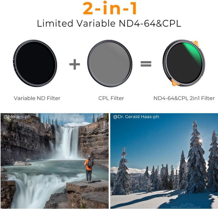 Produktbild K&F Concept 40.5mm 2-in-1 Variable ND4-ND64 (2-6 Stop) & CPL Filter, Green Coated, Anti-Scratch (Nano-X Series) (40.50 mm, ND- / Graufilter, Polarisationsfilter)