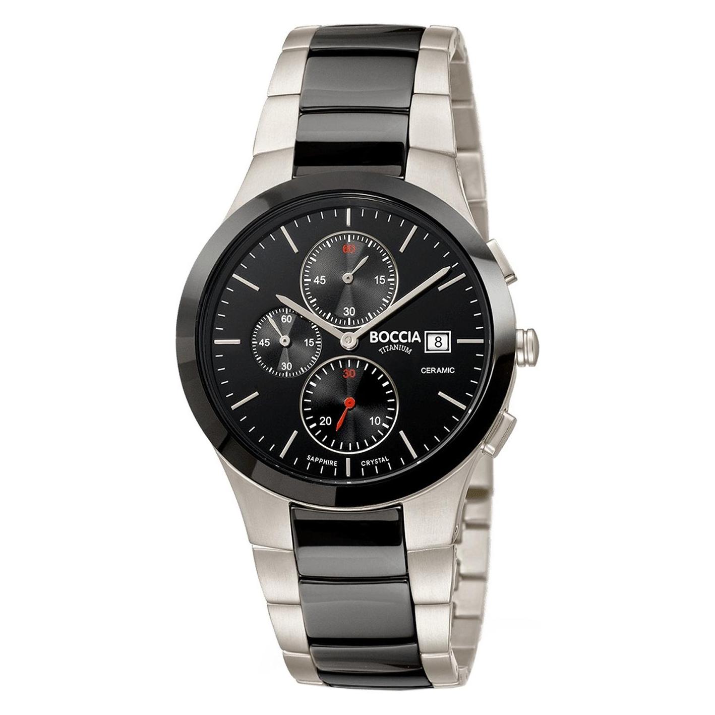Boccia, Armbanduhr, 3748-01 Herrenuhr Chronograph Keramik Titanium 39mm 5ATM, Schwarz, Silber, (Chronograph, 39 mm)