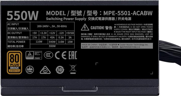 Produktbild Cooler Master MWE 550 Bronze 230V V2 - 550 W - 200 - 240 V - 50/60 Hz - 5 A - Aktiv - 110 W (550 W)