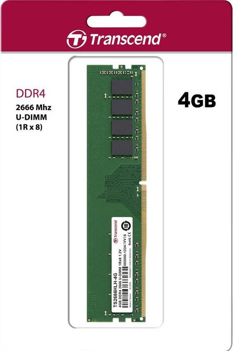 Produktbild Transcend 4GB DDR4 2666U-DIMM 1Rx8 1.2V (1 x 4GB, 2666 MHz, DDR4-RAM, DIMM)