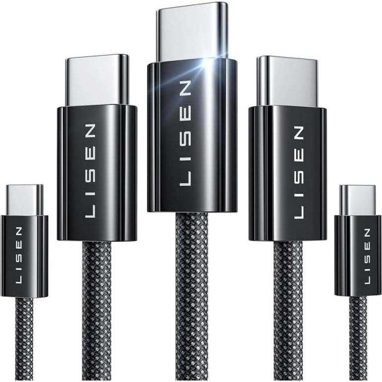Lisen Cavo da USB-C a USB-C 60W, 3A, confezione da 5 (2 x 1m, 2 x 2m, 1 x 3m), nero (60 W), Cavo USB