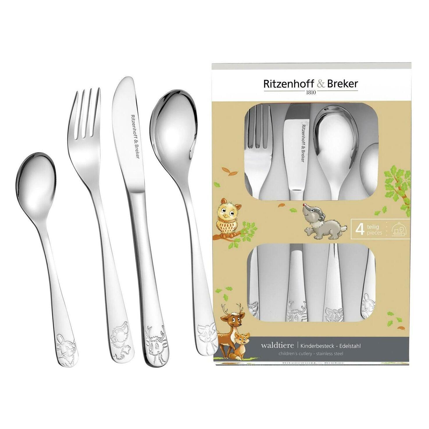 Ritzenhoff & Breker Set di stoviglie per bambini, motivo: animali della foresta con posate e bicchieri, 10 pezzi, porcellana