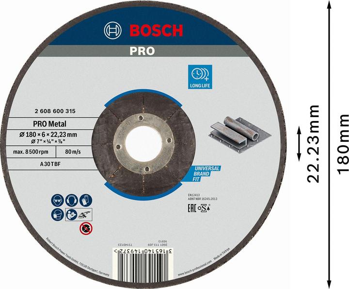 Produktbild Bosch Professional Zubehör PRO Metal Schruppscheibe, 180 x 6 x 22.23 mm