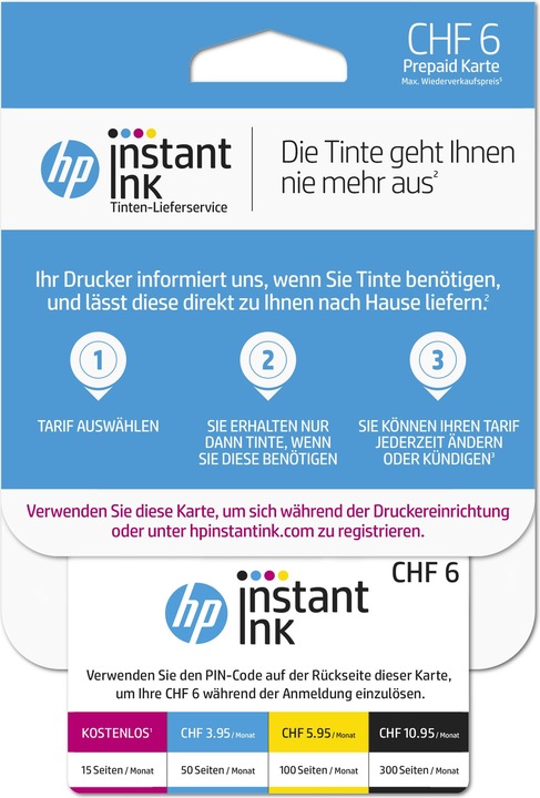 Actual product image HP Instant Ink registration card with CHF 6 credit