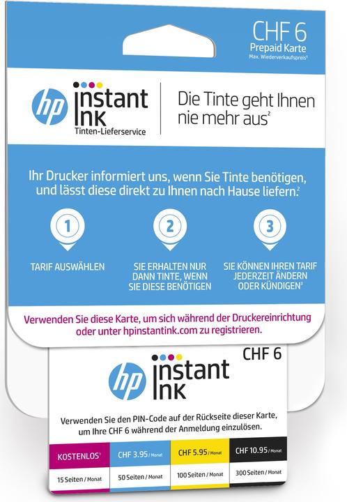 Actual product image HP Instant Ink registration card with CHF 6 credit