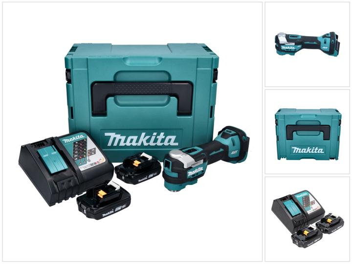 1x Makita DTM 52 Akku Multifunktionswerkzeug, 2x Makita BL 1820 B 18 V 2,0 Ah Akku, 1x Makita DC 18 RC Akku Ladegerät 18 V, 1x Makita Makpac, 1x Universaleinlage