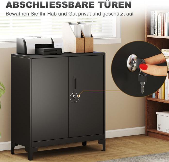 Produktbild Swisshandel24 Büroschrank aus Metall, verschliessbare Türen, Bürokommode, 2-stufiges Design, Schwarz (80 x 35 x 91 cm)
