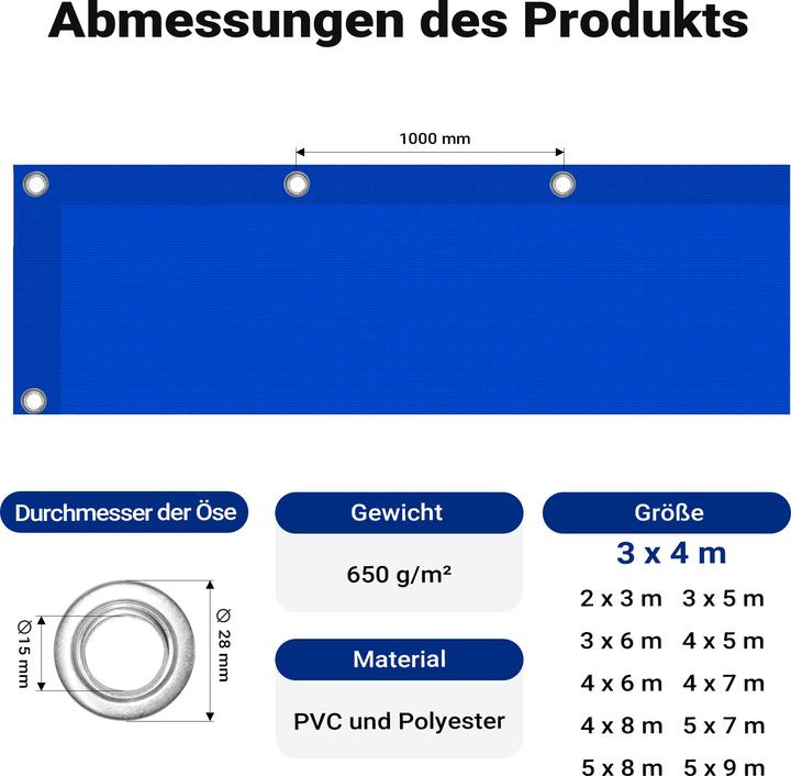 Image du produit Wiltec Bâche de couverture résistante aux intempéries bleu 3x4m polyester bâche de jardin 650g/m² oeillets (3 x 4 m)