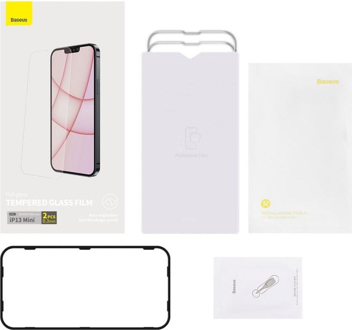 Immagine prodotto Baseus 0.3mm Full-glass Tempered Glass Film per iP 5.4inch 2021 (2pcs/pack+Pasting Artifact) Trans... (2 Pezzo/i, Apple iPhone 13 mini)