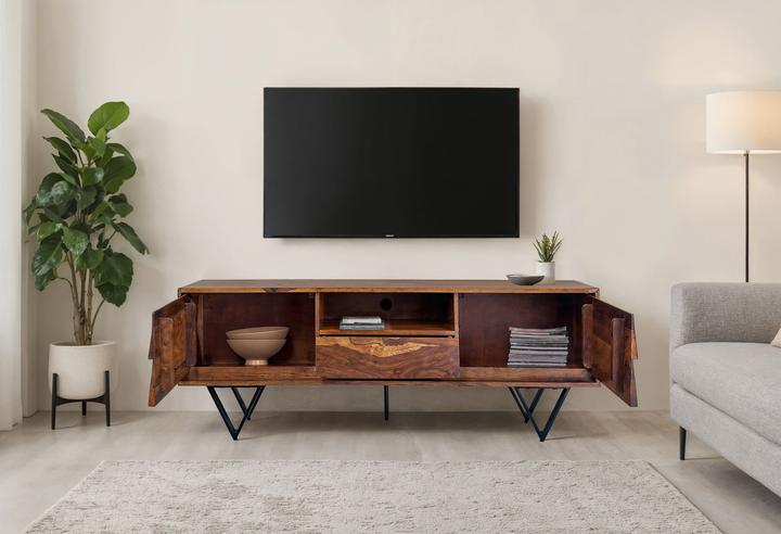 Actual product image FineBuy TV Lowboard Sheesham Massivholz 160 cm Türen Schublade Fach Metallfüsse (160 x 35 x 56 cm)