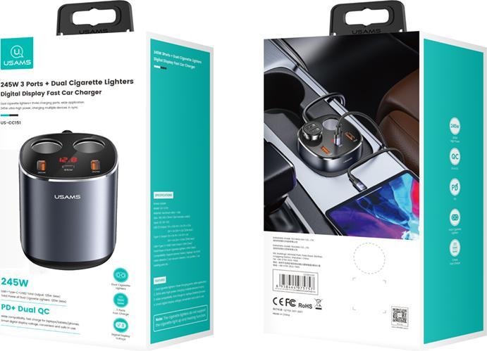 Actual product image Usams Car sprayer 2 xUSB-A/1 xUSB-C C28 245W grey/grey CC151TC01 (US-CC151)