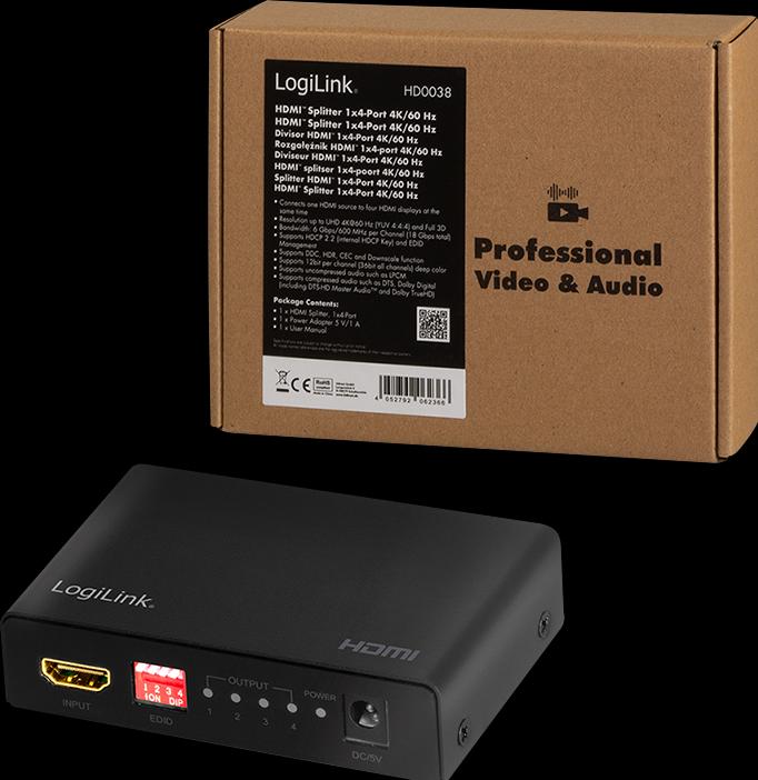 Actual product image LogiLink HD0038 HDMI Splitter 1x4-Port, 4K/60 Hz, HDCP, EDID, HDR, CEC, downscaler