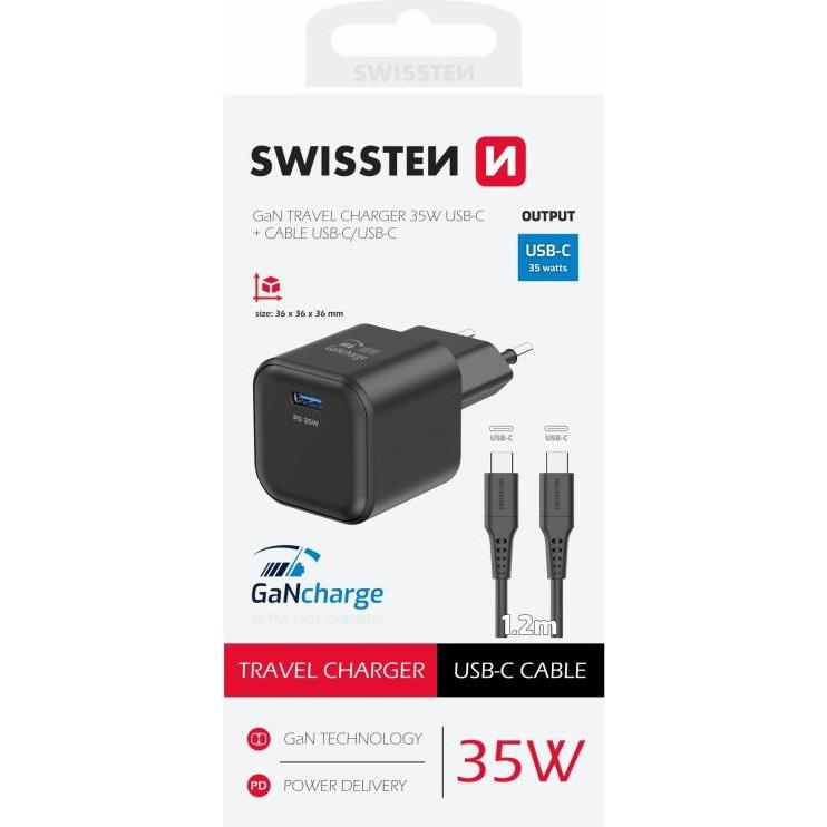 Thumbnail - Swissten Travel Charger Gan 1X USB-C 35W Power Delivery Black + Data Cable USB-C/USB-C 1,2 M Black (35 W), USB Ladegerät...