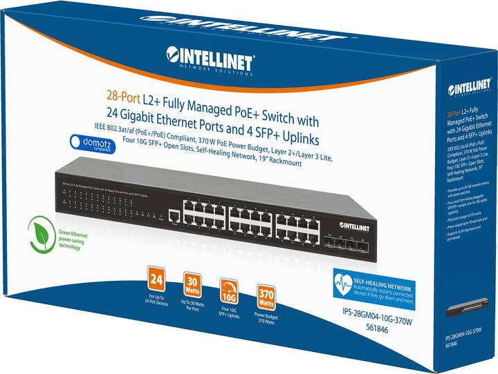 Actual product image Intellinet 28-port L2+ Fully Managed PoE+ switch with 24 Gigabit Ethernet ports and 4 SFP+ uplinks (24 ports)
