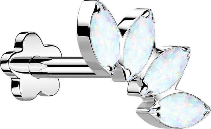 Produktbild Star Piercing Micro Threadless Labret Blume silber Fächer mit vier Opale weiss (ohne Messing, Titan)