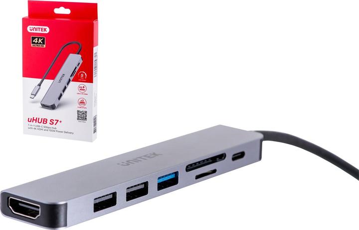 Actual product image Unitek HUB USB-C 7IN1, HDMI 4K, PD,,ALU (USB-C, 7 Ports)