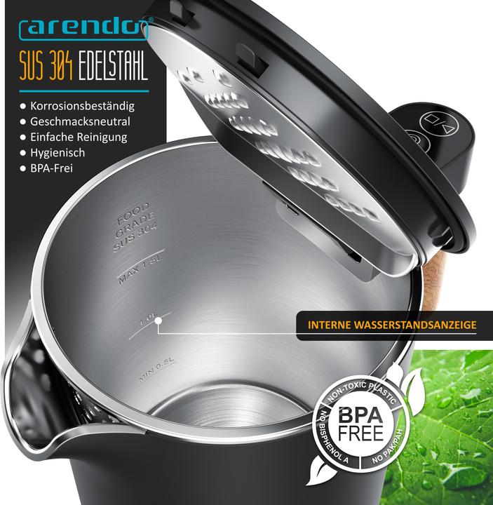 Actual product image Arendo Stainless steel kettle 1.5 L, 2200 W, temperature setting 45°C-100°C, keep warm function, black (1.50 l)