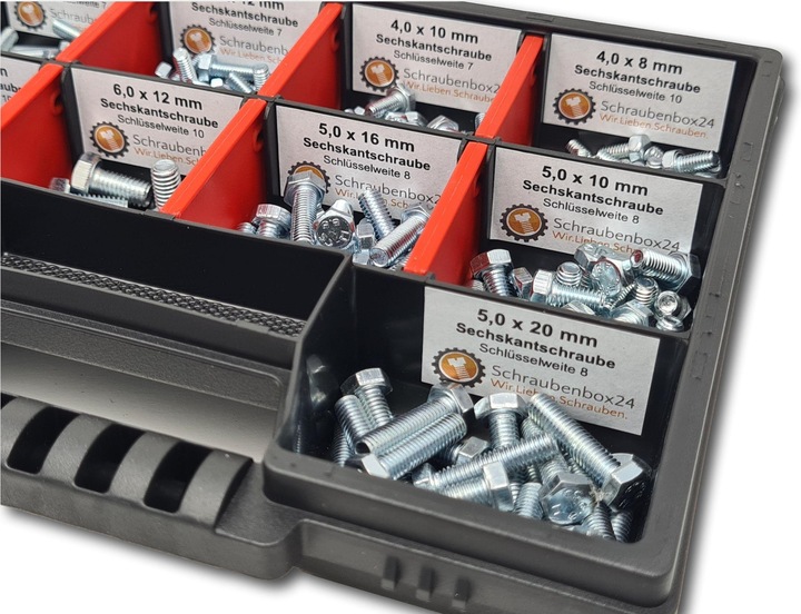 Produktbild Schraubenbox24 Sechskantschrauben Sortiment M4-M5-M6 // 8mm-20mm 215 tlg. Schraubenbox (215 Schrauben pro Stück)