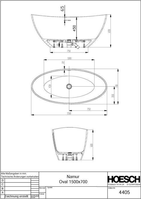 Immagine prodotto Hoesch Vasca da bagno NAMUR 1500x700x450mm free standing bianca (220 l, 150 cm, 70 cm)
