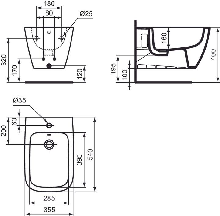 Actual product image Ideal Standard i.life B wall-mounted bidet, 1 tap hole, 355mm, with overflow