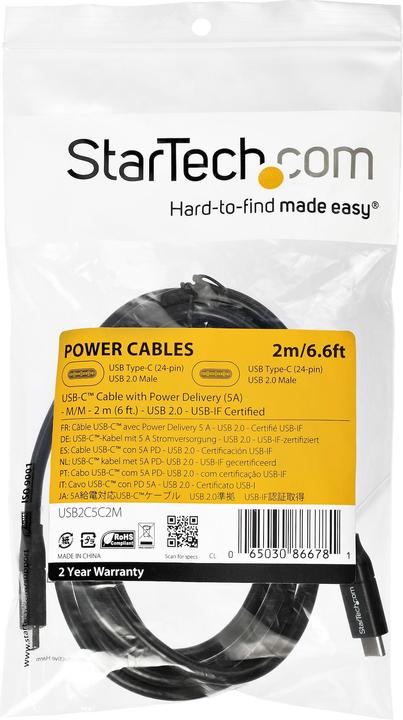 Image du produit StarTech Câble USB-C vers USB-C avec 5A Power Delivery - St/St - 2m - USB 2.0 - Certifié USB-IF - USB Ty... (2 m, USB 2.0, 5 W)