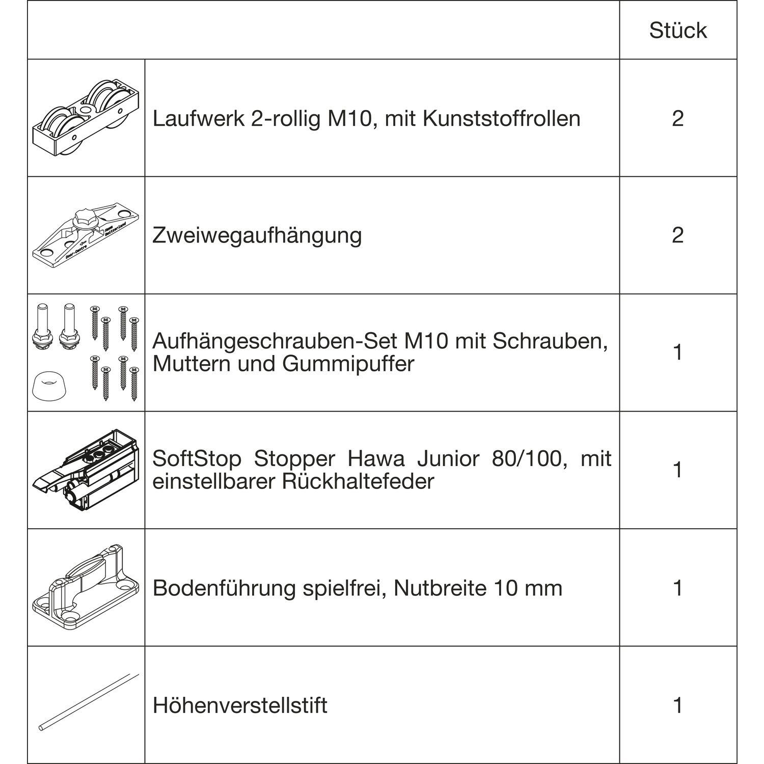 HAWA, Türbeschlag + Scharnier, Junior 100/Z Beschlagset Holz ohne Laufschiene