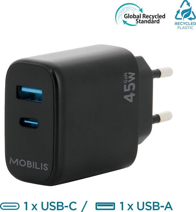 Actual product image Mobilis Wall Charger 45W 1 USB A 1 USB C GaN (45 W, 2 ports)