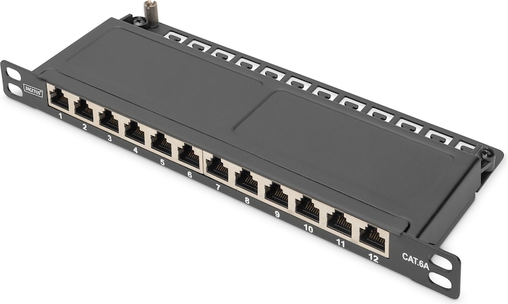 Produktbild Digitus Cat.6A Slim Patch Panel, geschirmt, 12-Port, 0,5 HE, 10", schwarz
