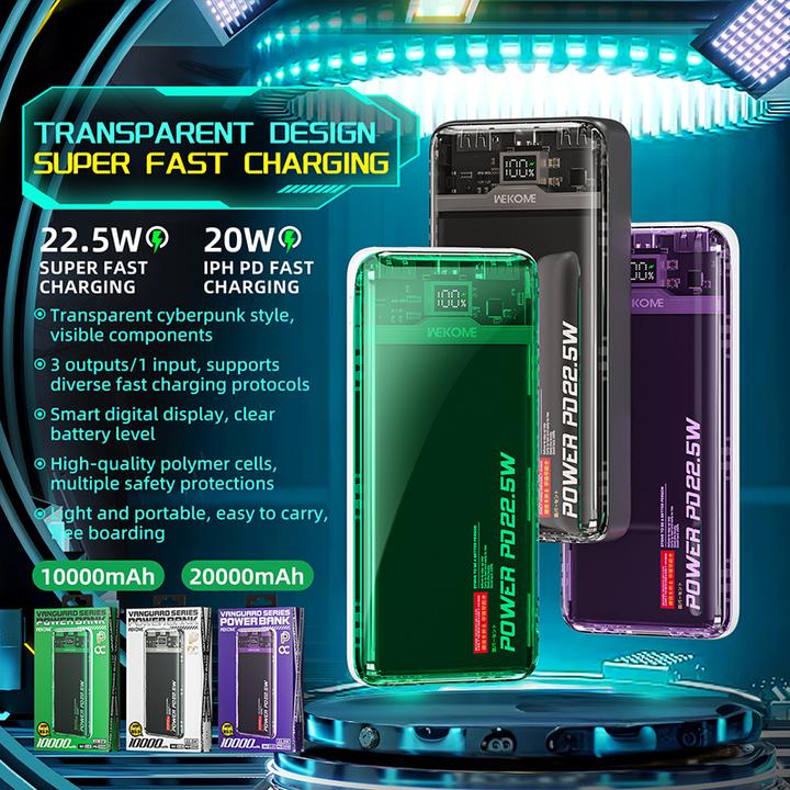 Produktbild Wekome WP-353 Vanguard-Serie – Powerbank 10000 mAh PD 20 W + QC 22,5 W (grün/transparent) (10000 mAh, 22.50 W, 37 Wh)