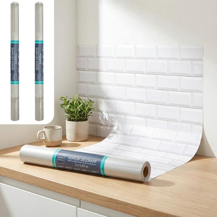 Produktbild Douceur D'intérieur 2er-Set Stilvolle Klebefolie in Backsteinoptik, weiss – Hochwertige Dekofolie, selbstklebend, 45cmx2 (200 x 45 cm)