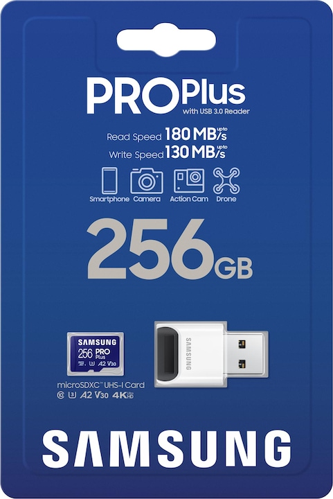 Productafbeelding Samsung PRO Plus met USB-kaartlezer (256 GB, microSDXC, U3, UHS-I)