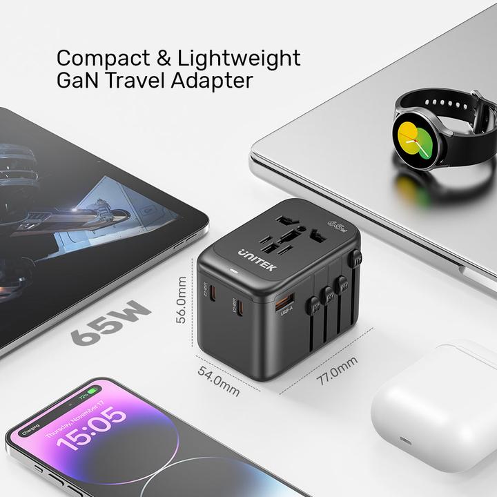Actual product image Unitek riad EU/US/UK/AUS PD 65 watt travel charger (65 W, 4 ports)