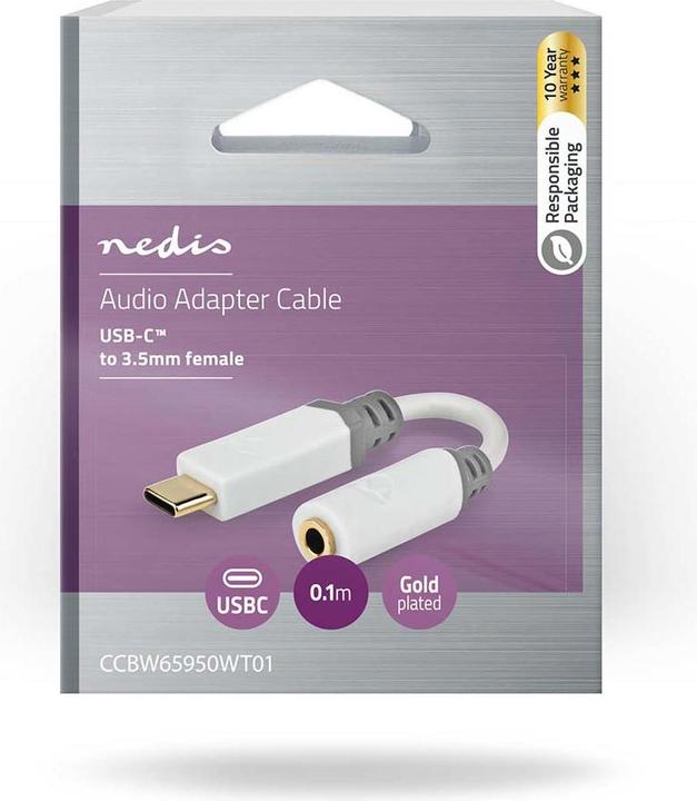 Produktbild Nedis CCBW65950WT01 USB-Adapter USB 2.0 USB-C™ Stecker 3.5 mm Buchse 0.1 m Rund Vergoldet PVC Weiss