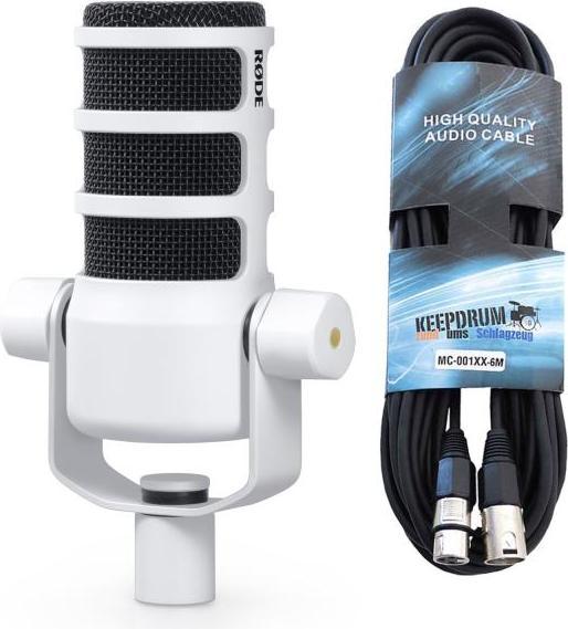 Produktbild RØDE Podmic Podcast-Mikrofon Weiss mit XLR-Kabel