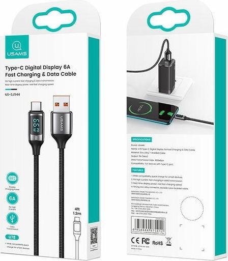 Immagine prodotto Usams Cavo pleciony U78 USB-C 1,2m LED 6A Ricarica rapida czarny/nero SJ544USB01 (US-SJ544) (1.20 m)