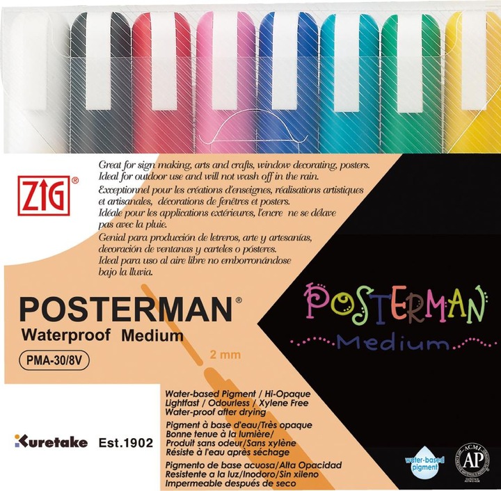 Zig POSTERMAN Medio, Nero, Blu, Verde, Azzurro, Rosa, Rosso, Bianco, Giallo, Inodore, 8 pz. (Multicolore, 8 x)
