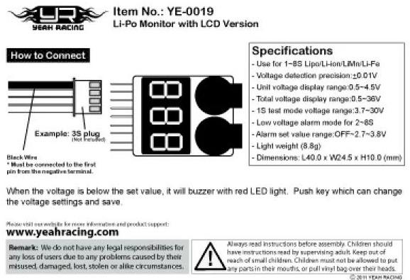 Image du produit Yeah Racing LiPo Monitor with LCD 1S-8S
