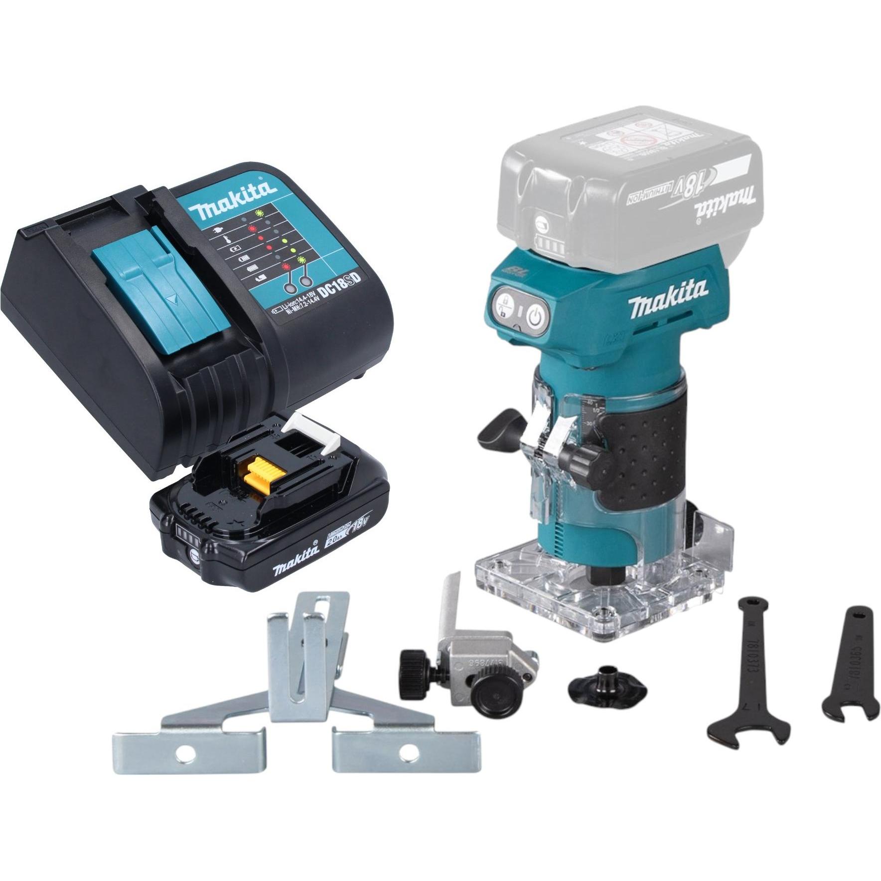 Makita, Fräse, DRT 52 SA1 Akku Kantenfräse 18 V 6 mm Brushless + 1x Akku 2,0 Ah + Ladegerät