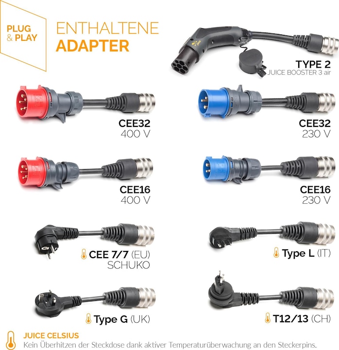 Image du produit Juice Technology Juice Booster 3 air Master Traveller Set (Type 2, 11 kW, 16 A, CEE 7/7, CEE 16, CEE 32, Type 13)